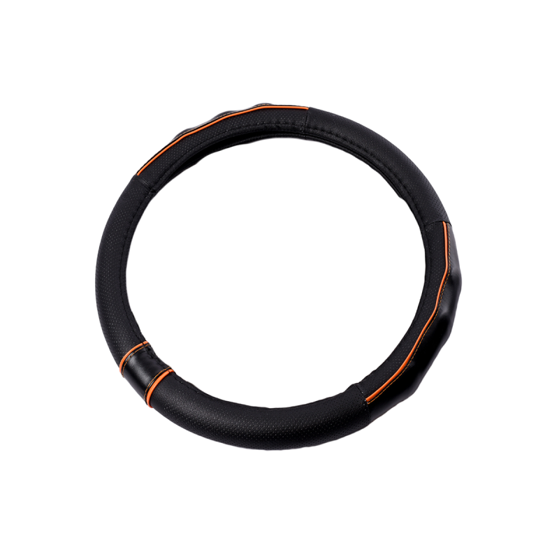 CV016 CUBRE VOLANTE CUBRE VOLANTE CUERO 38CM CON BORDE DETALLADO NEGRO / NARANJA 388.2 CANTIDAD POR CAJA 25