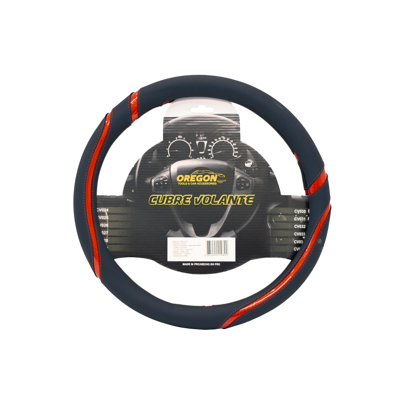 CV026 CUBRE VOLANTE CUERO SINTENTICO PREMIUM NEGRO CON BORDES ROJOS  38CM X 8.2CM