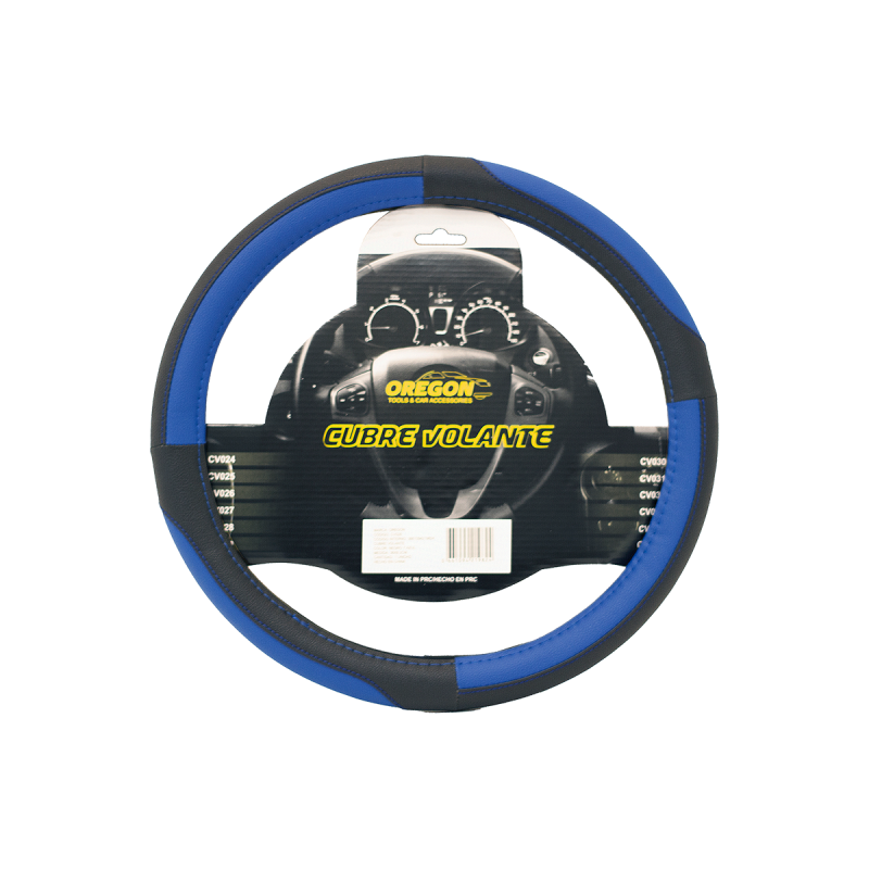 CV028 CUBRE VOLANTE CUERO SINTENTICO PREMIUM NEGRO Y AZUL 38CM X 8.2CM