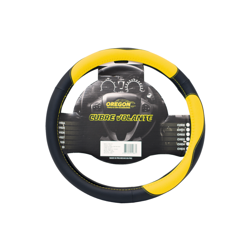 CV029 CUBRE VOLANTE CUERO SINTENTICO PREMIUM NEGRO Y AMARILLO 38CM X 8.2CM