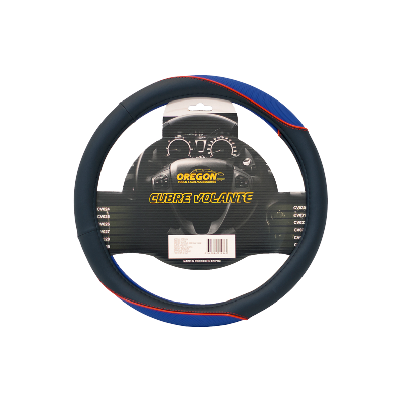 CV032 CUBRE VOLANTE CUERO SINTENTICOPREMIUM  NEGRO CON APOYA MANOS AZUL 38CM X 8.2CM