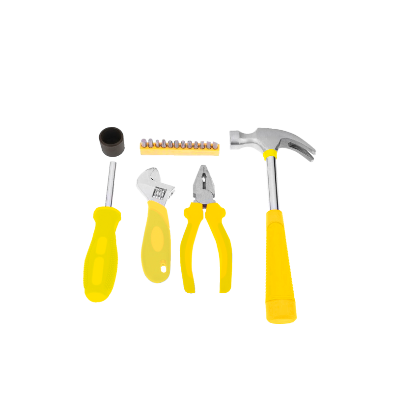KHE001 KIT DE HERRAMIENTAS KIT DE HERRAMIENTAS 4 EN 1 (MARTILLO, DESTORNILLADOR, PINZA, LLAVE FRANCESA)  AMARILLO UNIVERSAL CANTIDAD POR CAJA 12