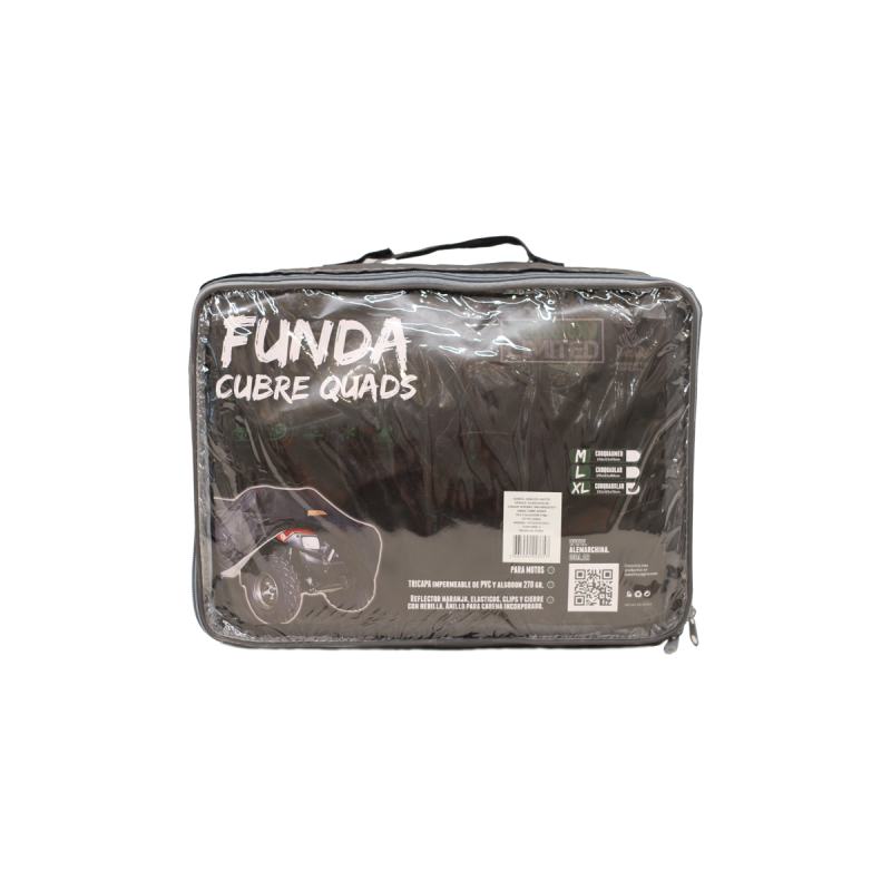 CUBQUADLAR FUNDA CUBRE QUADS TRICAPA IMPERMABLE MEDIUM 208X122X90CM. LOGO DAKAR. PVC Y ALGODON 270 GRAMOS. REFLECTOR NARANJA, ELASTICO, CLIPS Y CIERRE. ANILLO P