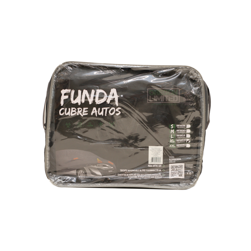 CUBTRI02MED FUNDA CUBRE AUTOS PARA SUV / PICK UP MEDIUM 432185145CM. LOGO DAKAR. PVC Y ALGODON 270 GRAMOS. COBERTOR DE ESPEJOS CON REFLECTORES NARANJAS, ELASTIC