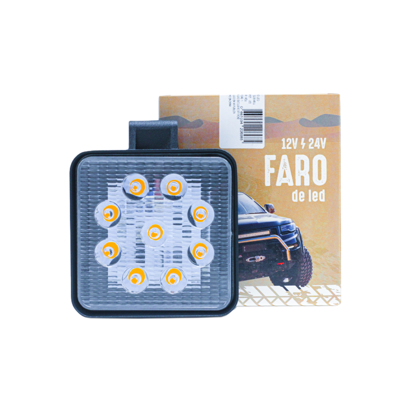 DJ1012AMBMB OFF ROAD FARO DE LED UNIVERSAL CUADRADO 27 WATTS (9 LED  3 WATTS) COLOR AMBAR 12V / 24V  - HAZ DE LUZ SPOT -