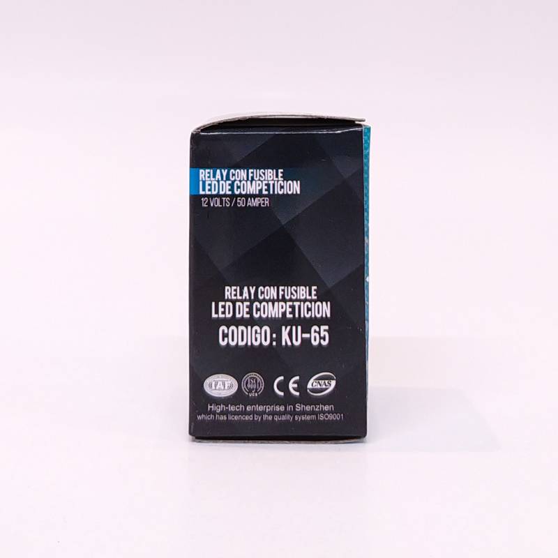 KU-65 RELAY COMPETICION UNIVERSAL 4T 12V 50 AMPER CON LED INDICADOR Y FUSIBLE