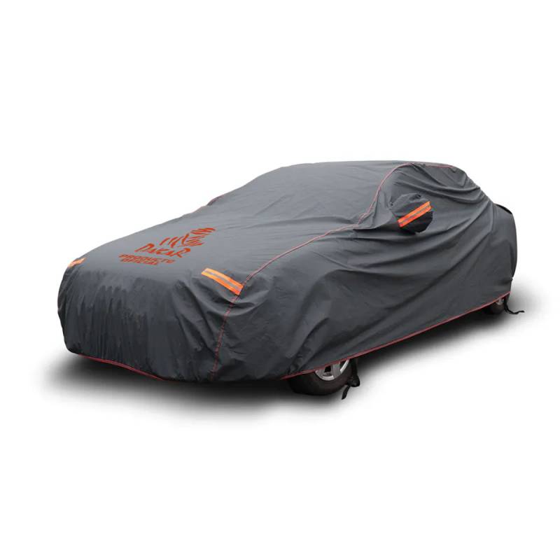CUBTRI01LAR FUNDA CUBRE AUTOS PARA AUTOS SEDAN LARGE 457X165X119CM. LOGO DAKAR. PVC Y ALGODON 270 GRAMOS. COBERTOR DE ESPEJOS CON REFLECTORES NARANJAS, ELASTICO