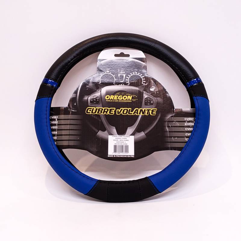 CV056 CUBRE VOLANTE MODELO NASCAR CUERO SINTENTICO NEGRO / CELESTE 38*8.2CM 25 UNIDADES POR CAJA