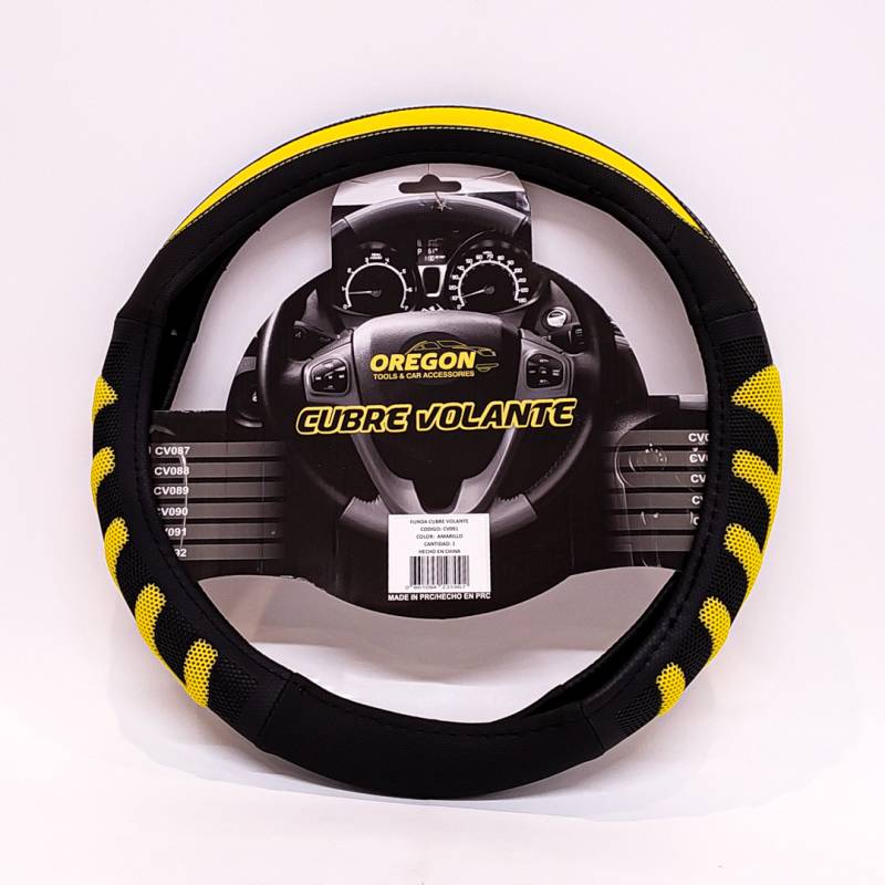 CV091 CUBRE VOLANTE MODELO GRAND PRIX CUERO SINTENTICO NEGRO / AMARILLO 38*8.2CM 25 UNIDADES POR CAJA