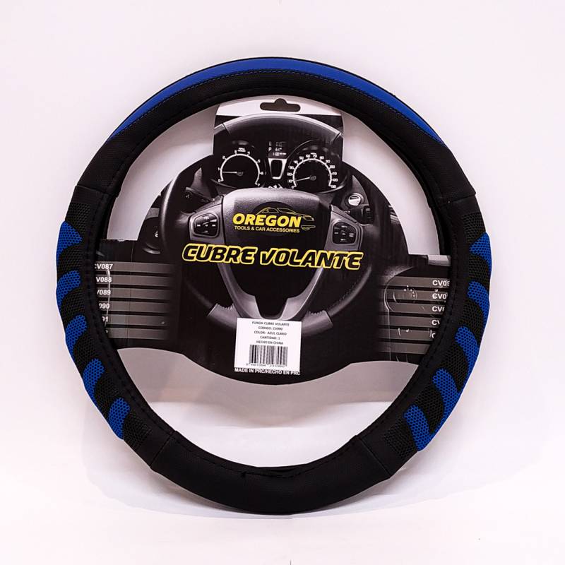 CV090 CUBRE VOLANTE MODELO GRAND PRIX CUERO SINTENTICO NEGRO / CELESTE 38*8.2CM 25 UNIDADES POR CAJA