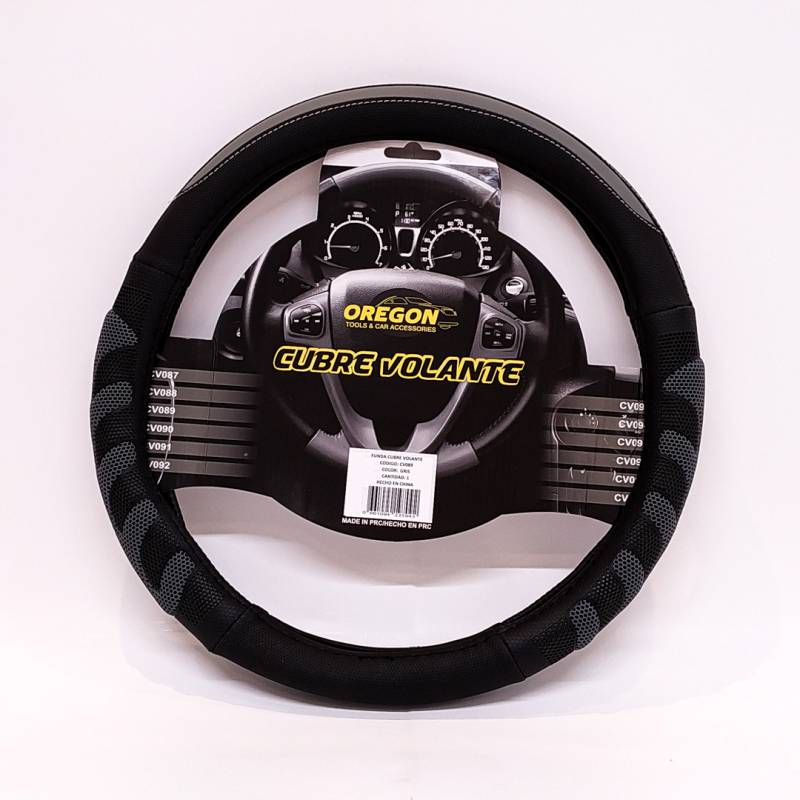 CV089 CUBRE VOLANTE MODELO GRAND PRIX CUERO SINTENTICO NEGRO / GRIS 38*8.2CM 25 UNIDADES POR CAJA