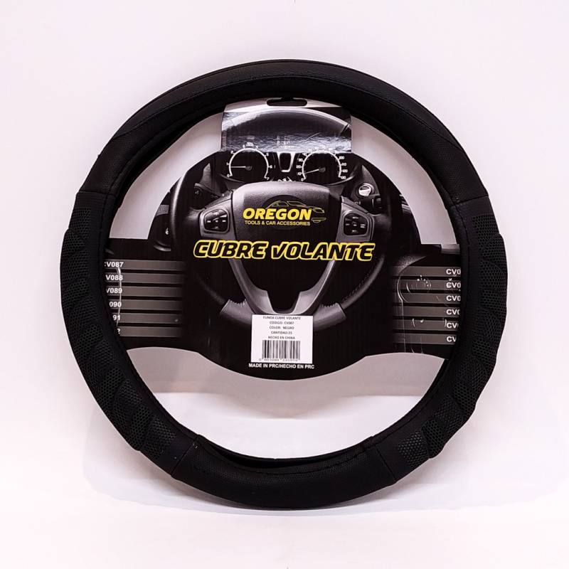 CV087 CUBRE VOLANTE MODELO GRAND PRIX CUERO SINTENTICO NEGRO / NEGRO 38*8.2CM 25 UNIDADES POR CAJA