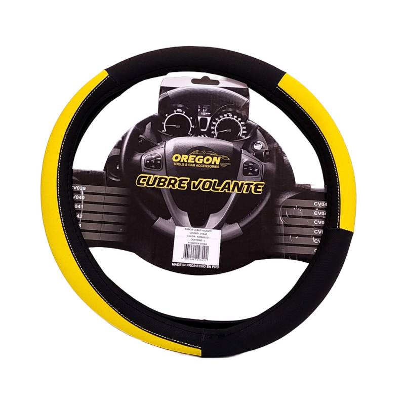 CV048 CUBRE VOLANTE MODELO LEMANS NEGRO / AMARILLO CUERO SINTETICO  38*8.2CMCAJA MASTER 25 UNIDADES
