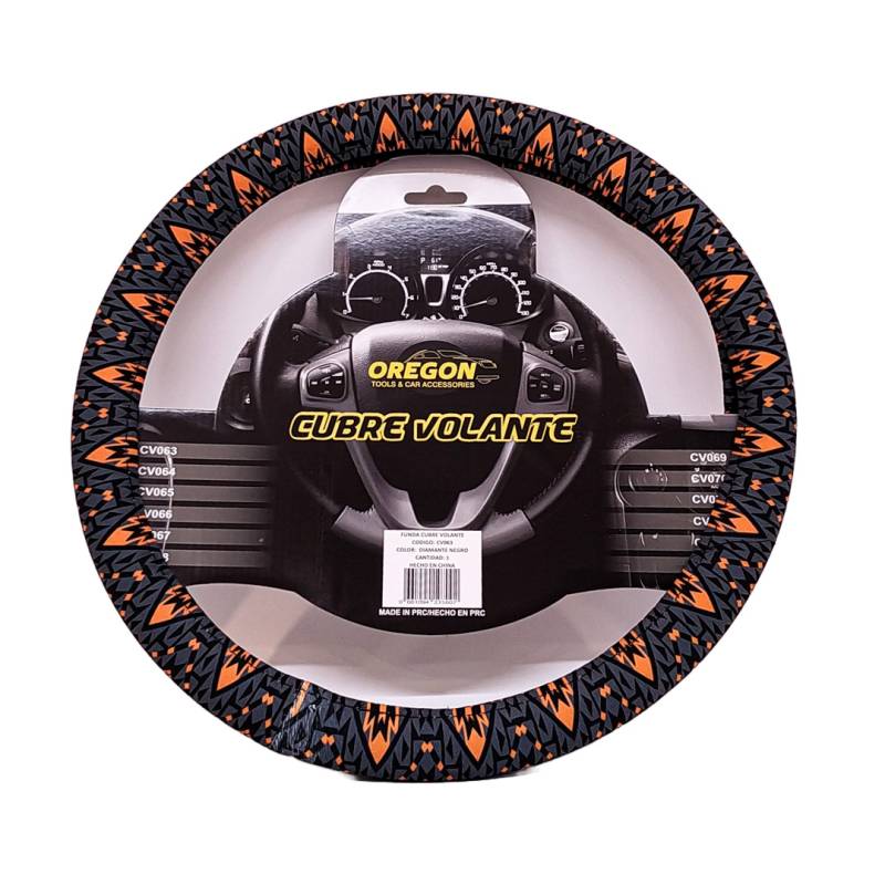 CV063 CUBRE VOLANTE MODELO CIRCO LOCO TELA NEGRO / NARANJA  38*8.2CMCAJA MASTER 25 UNIDADES