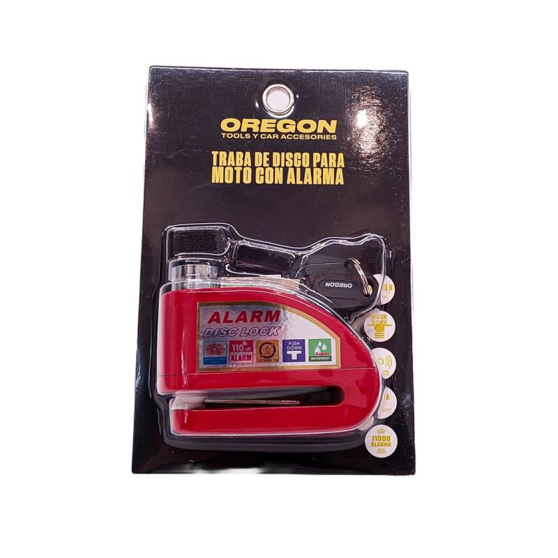 PIT009 TRABA DISCO CON ALARMA CANDADO BLINDADO CON ALARMA  COLOR ROJO PARA DISCO DE MOTO / BICI Y DOS LLAVES