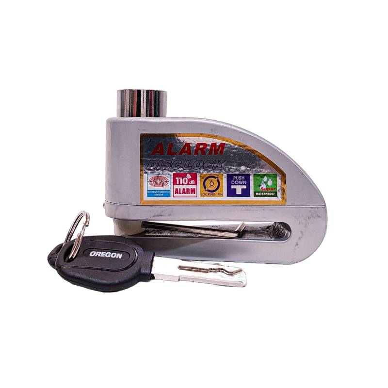 PIT012 TRABA DISCO CON ALARMA CANDADO BLINDADO CON ALARMA COLOR GRIS PARA DISCO DE MOTO / BICI Y DOS LLAVES