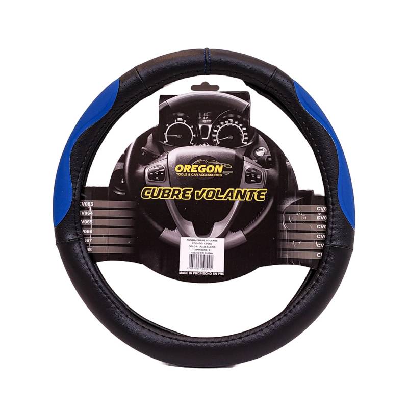 CV069 CUBRE VOLANTE MODELO INDIANAPOLIS 500 CUERO SINTENTICO NEGRO / CELESTE 38*8.2CM 25 UNIDADES POR CAJA