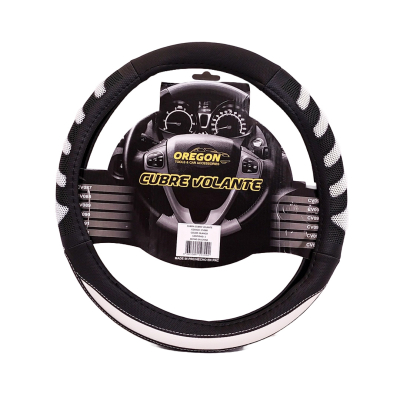 CV088 CUBRE VOLANTE MODELO GRAND PRIX CUERO SINTENTICO NEGRO / BLANCO 38*8.2CM 25 UNIDADES POR CAJA