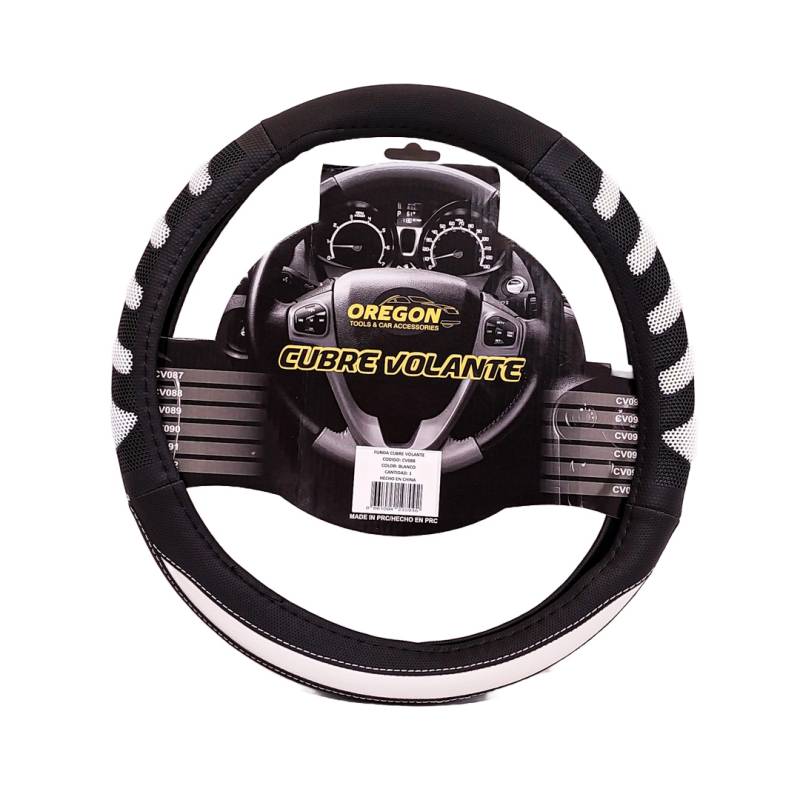 CV088 CUBRE VOLANTE MODELO GRAND PRIX CUERO SINTENTICO NEGRO / BLANCO 38*8.2CM 25 UNIDADES POR CAJA