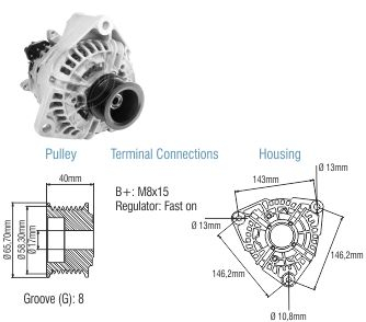 9010609 Alternador Volkswagen 13-180/ 15-180/ 15-190/ 17-230/ 19-370/23-370/26-260/31-230/31-370 28v 80 Amp.