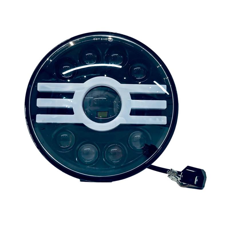 DJ6930RUAR OFF ROAD FARO DE LED UNIVERSAL REDONDO 7  USO IDEAL JEEP WRANGLER - RENEGADE / MOTO HARLEY DAVIDSON - ROYAL ENFIELD CON FUNCION ALTA Y BAJA + DRL BLA
