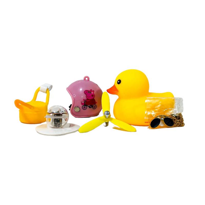 OR-DUCK008 PATITO DECORATIVO PARA AUTO, BICI O MOTO CASCO ROSA DIBUJO PEPPA PIG CON ANTEOJOS, CADENA Y HELICE