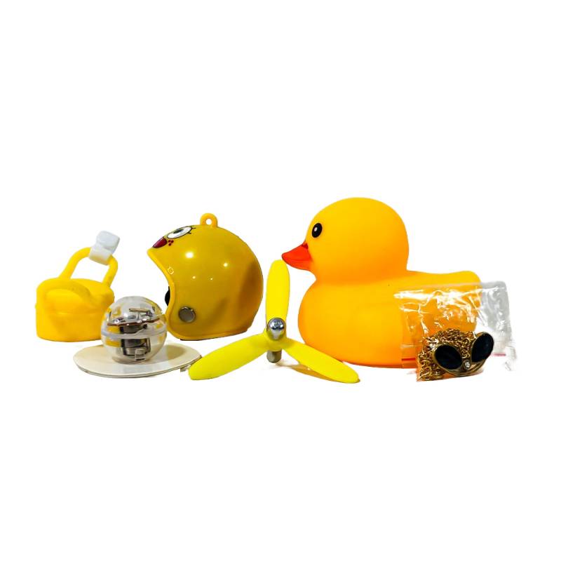 OR-DUCK013 PATITO DECORATIVO PARA AUTO, BICI O MOTO CASCO AMARILLO DIBUJO BOB ESPONJA CON ANTEOJOS, CADENA Y HELICE