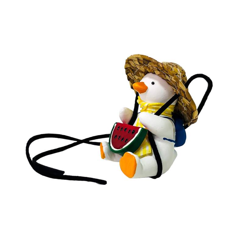 OR-DUCK019 PATITO DECORATIVO COLGANTE DE CERAMICA PARA AUTO GRANJERO CON SOMBRERO Y SANDIA