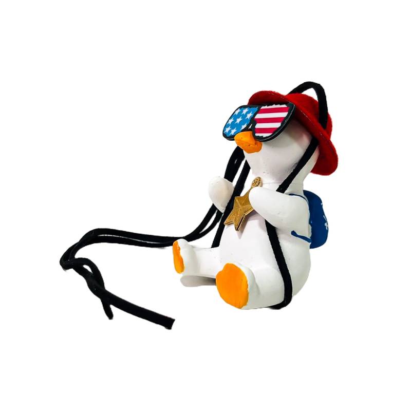 OR-DUCK016 PATITO DECORATIVO COLGANTE DE CERAMICA PARA AUTO AMERICAN DREAM CON GAFAS, MOCHILA Y COLLAR TIPO USA