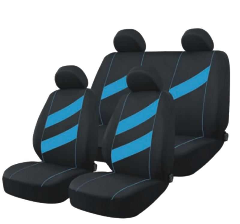 FUN006 FUNDA CUBRE ASIENTO 9 PIEZAS DE TELA COLOR NEGRO CON DETALLES AZUL