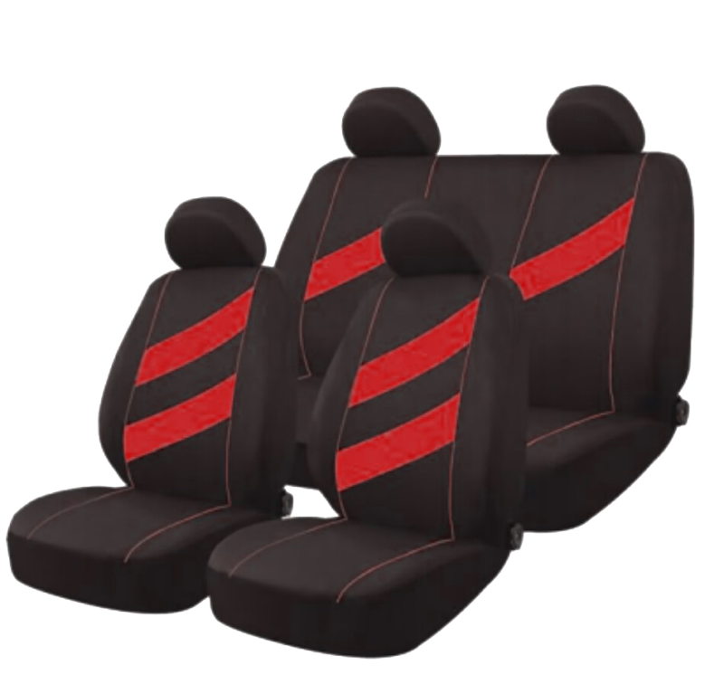 FUN007 FUNDA CUBRE ASIENTO 9 PIEZAS DE TELA COLOR NEGRO CON DETALLES ROJO